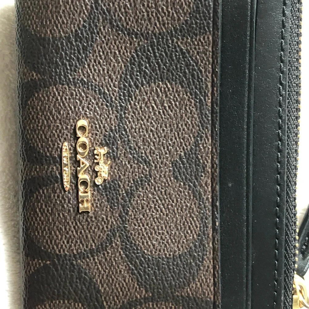 Coach Brown and Black Signature Zip Wristlet with Gold Hardware New